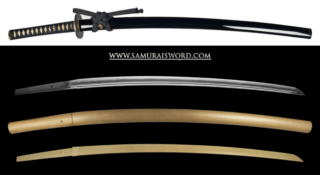 Koshirae & blade: Musashi daijo Tadahiro katana with solid gold inlay (kinzogan) stating “Daikichi” meaning (大吉, Great Luck). 71.1 cm